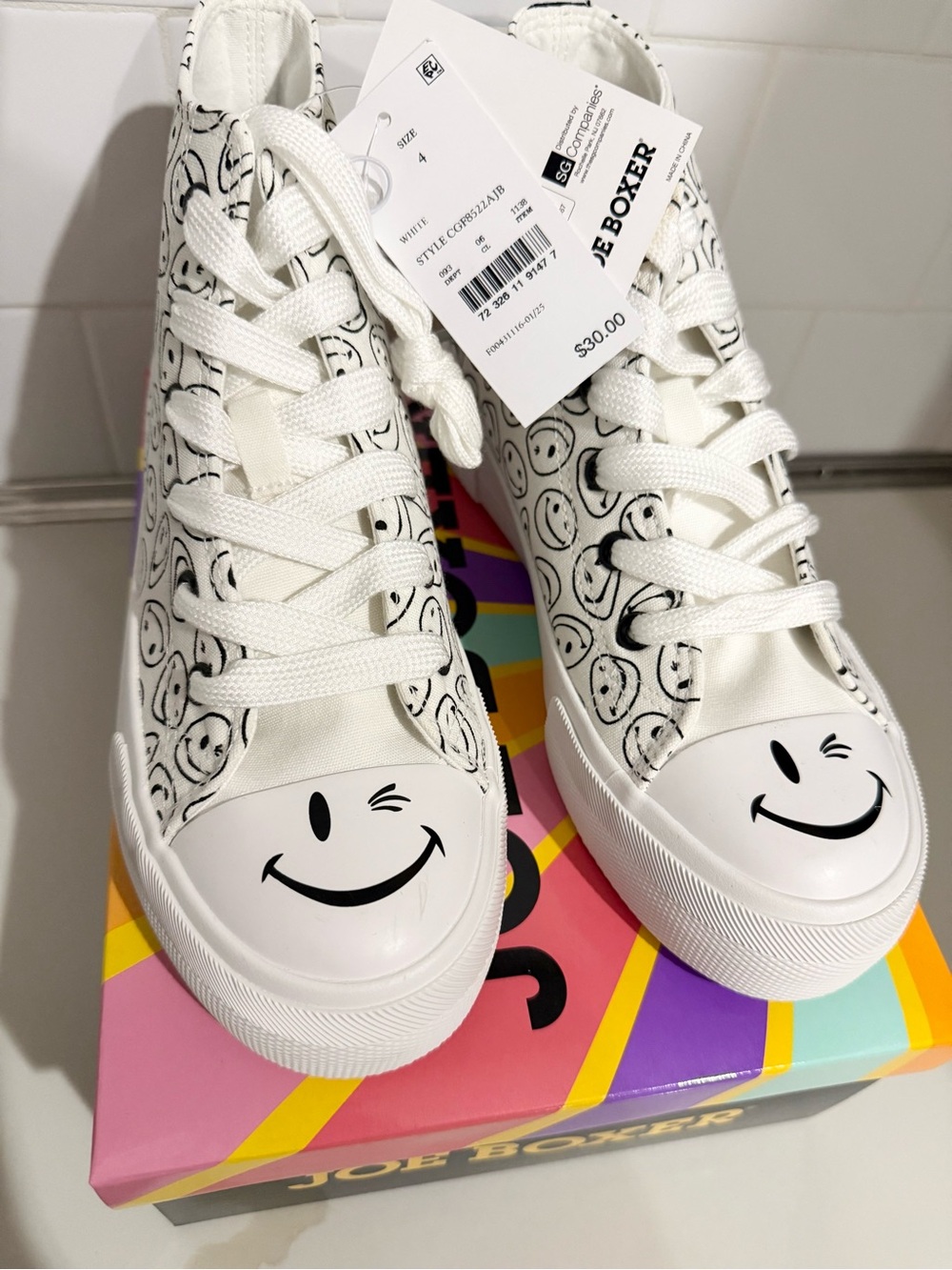 Joe Boxer White and Black Smiley Face High-Top Sneakers
